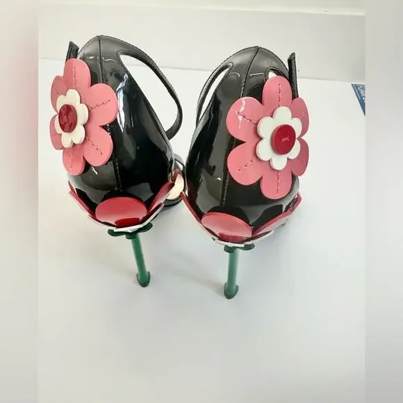 Prada Black red pink leather Runway Daisy floral high heel sandals EU 39 - Picture 5 of 11